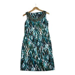 Connected Apparel Beaded‎ Neckline Sleeveless Aztec Print Dress size 6